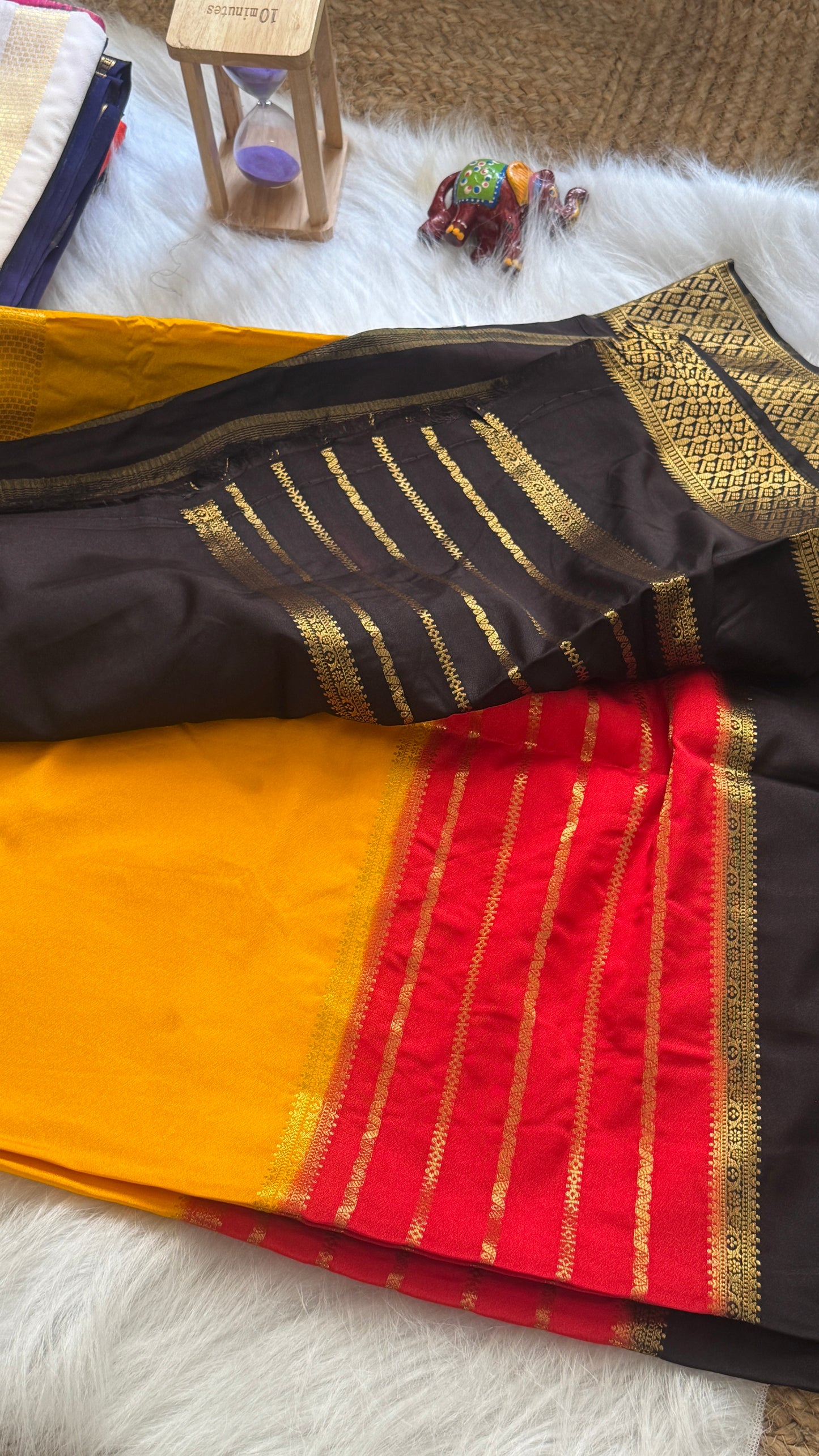 Semi  Mysore Silk Saree - 3D Pattern - Black, Red and Yellow
