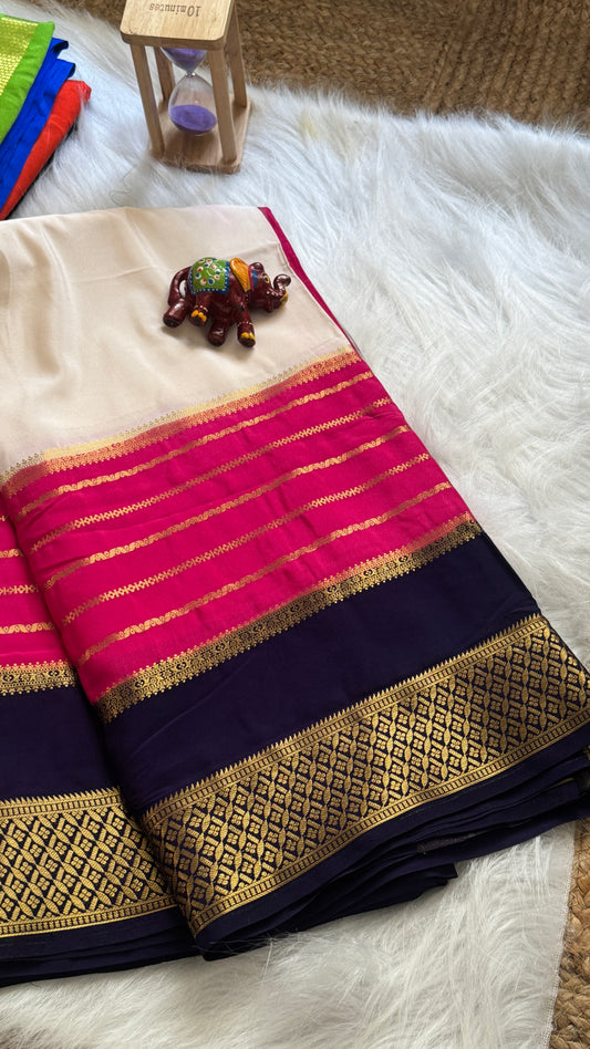 Semi  Mysore Silk Saree - 3D Pattern - Navy, Pink and Cream