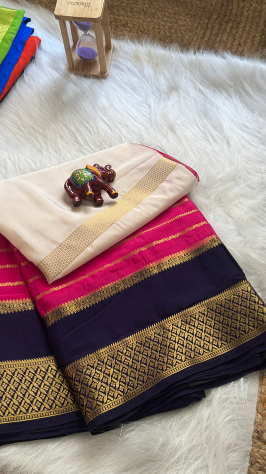 Semi  Mysore Silk Saree - 3D Pattern - Navy, Pink and Cream