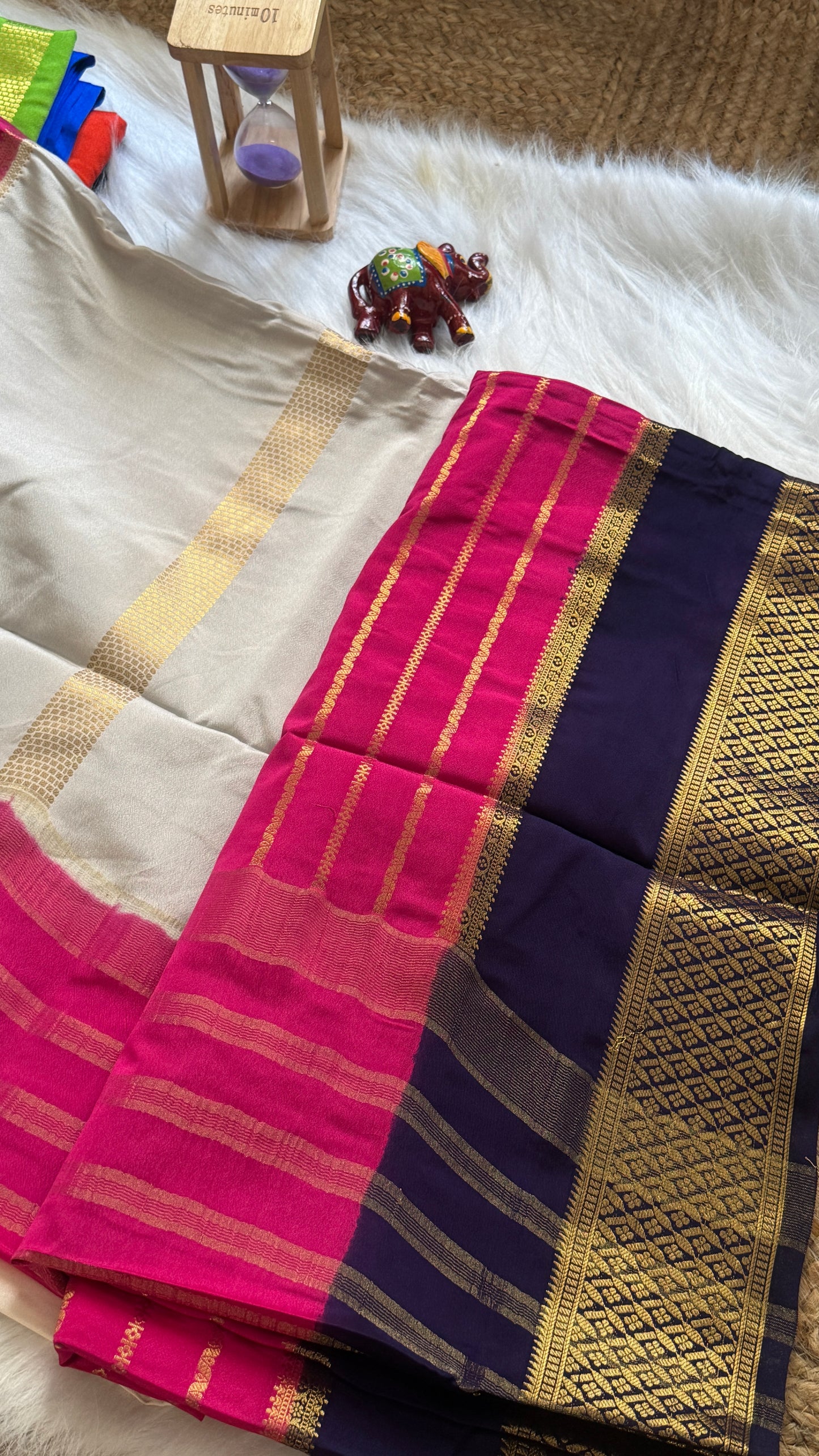 Semi  Mysore Silk Saree - 3D Pattern - Navy, Pink and Cream