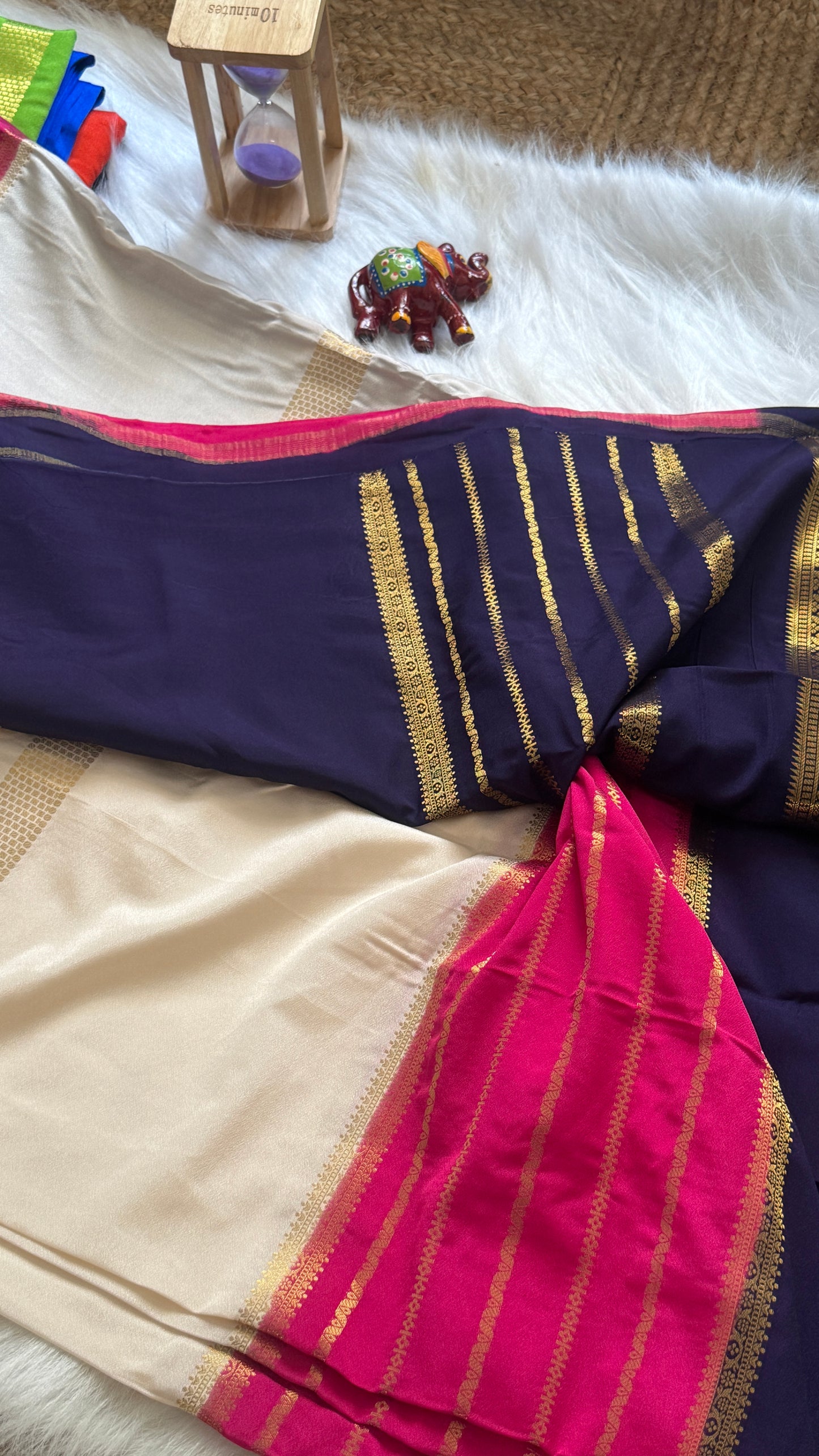 Semi  Mysore Silk Saree - 3D Pattern - Navy, Pink and Cream