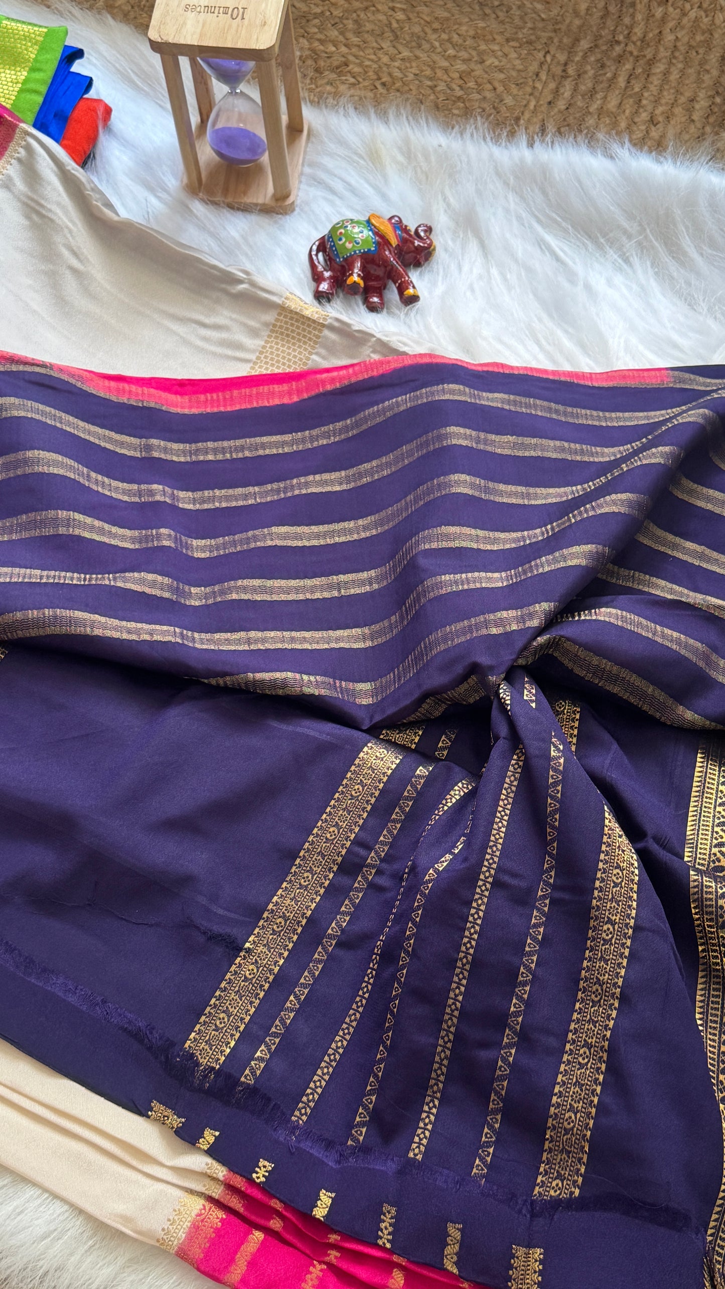 Semi  Mysore Silk Saree - 3D Pattern - Navy, Pink and Cream
