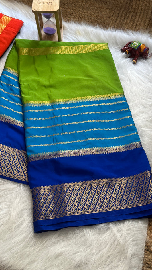 Semi  Mysore Silk Saree - 3D Pattern - Navy Blue, Blue and Peacock Green