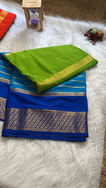 Semi  Mysore Silk Saree - 3D Pattern - Navy Blue, Blue and Peacock Green