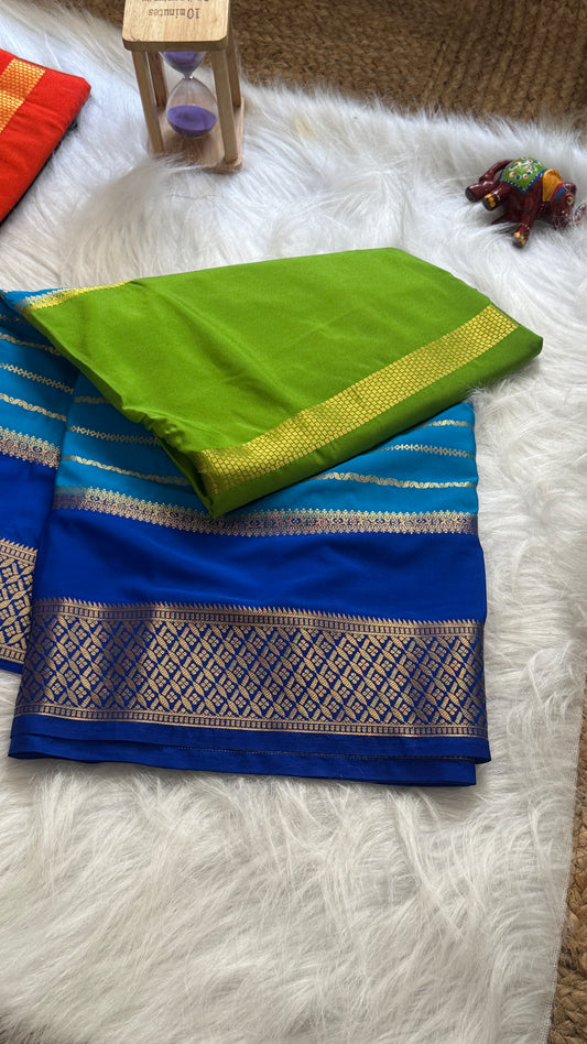 Semi  Mysore Silk Saree - 3D Pattern - Navy Blue, Blue and Peacock Green