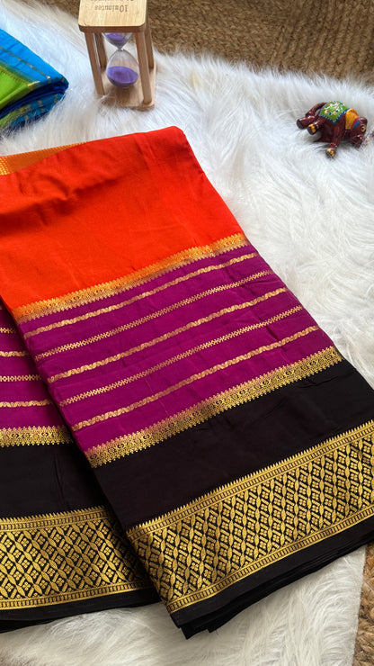 Semi  Mysore Silk Saree - 3D Pattern - Black, Purple and Orange