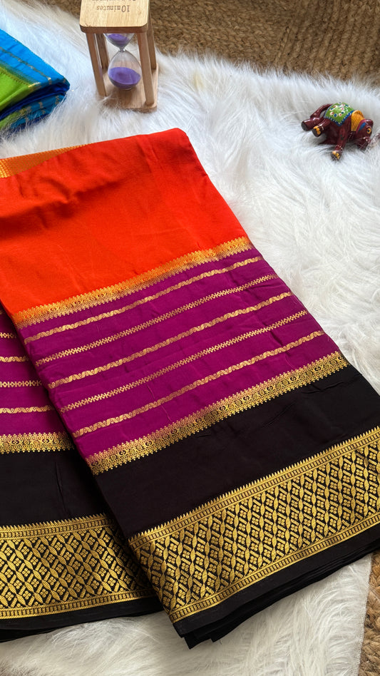 Semi  Mysore Silk Saree - 3D Pattern - Black, Purple and Orange
