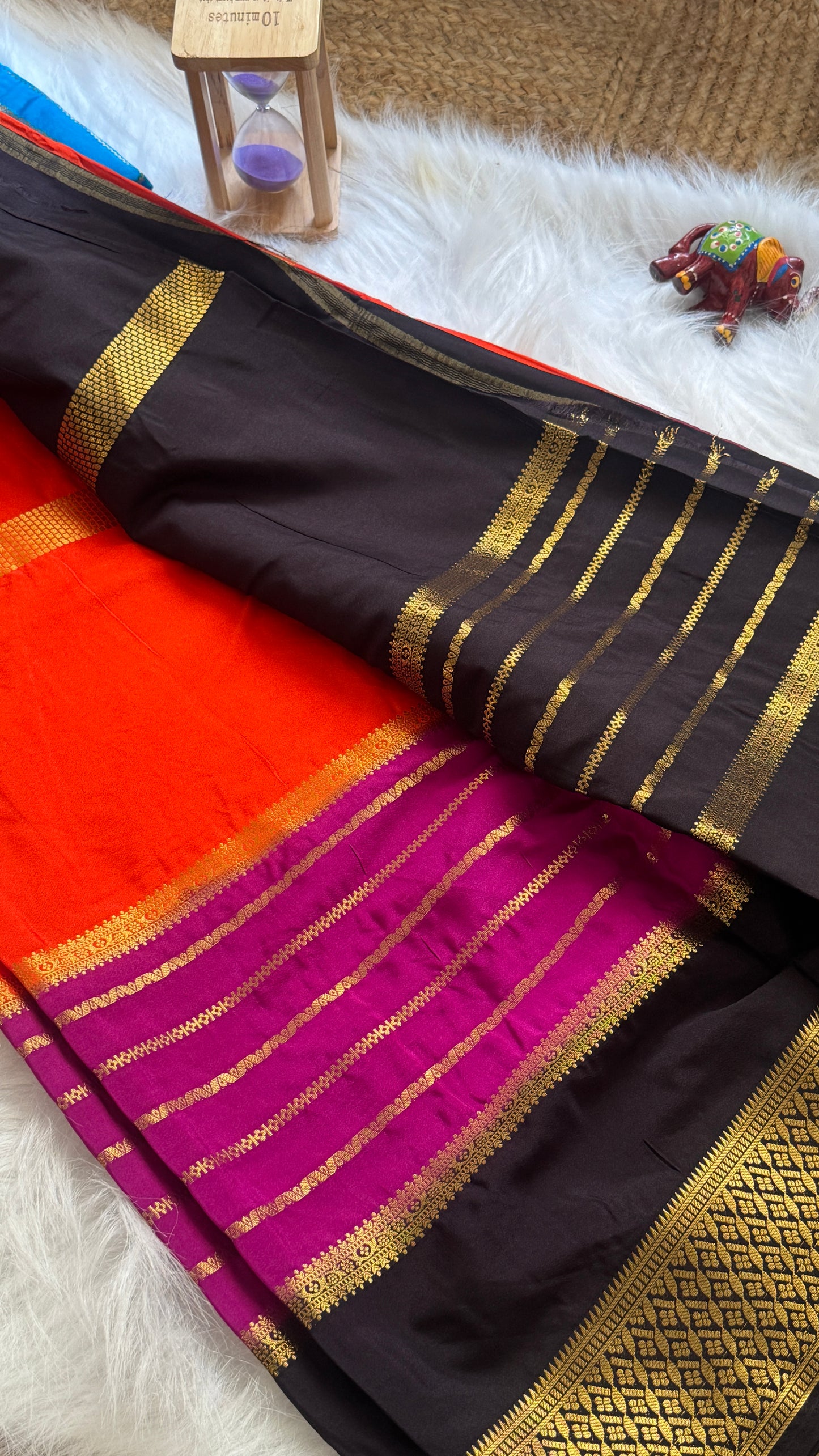 Semi  Mysore Silk Saree - 3D Pattern - Black, Purple and Orange