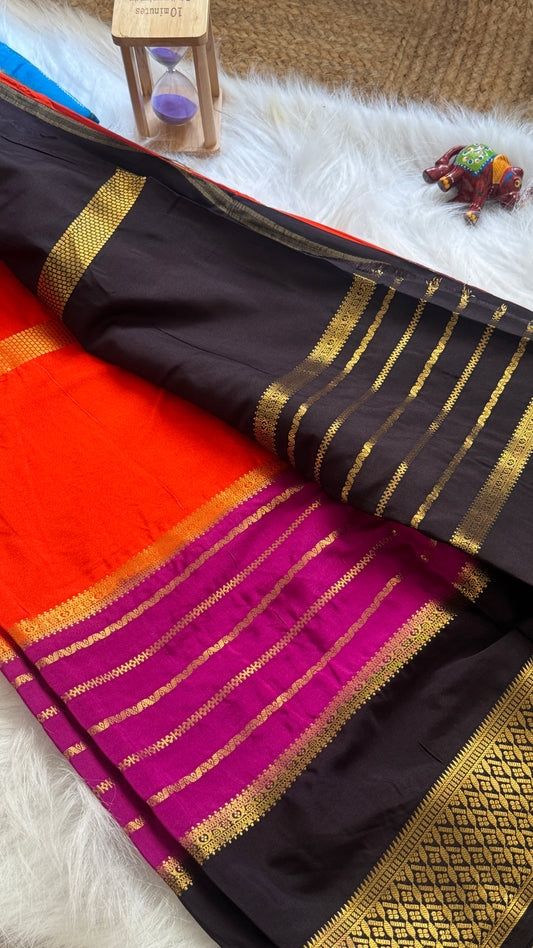 Semi  Mysore Silk Saree - 3D Pattern - Black, Purple and Orange