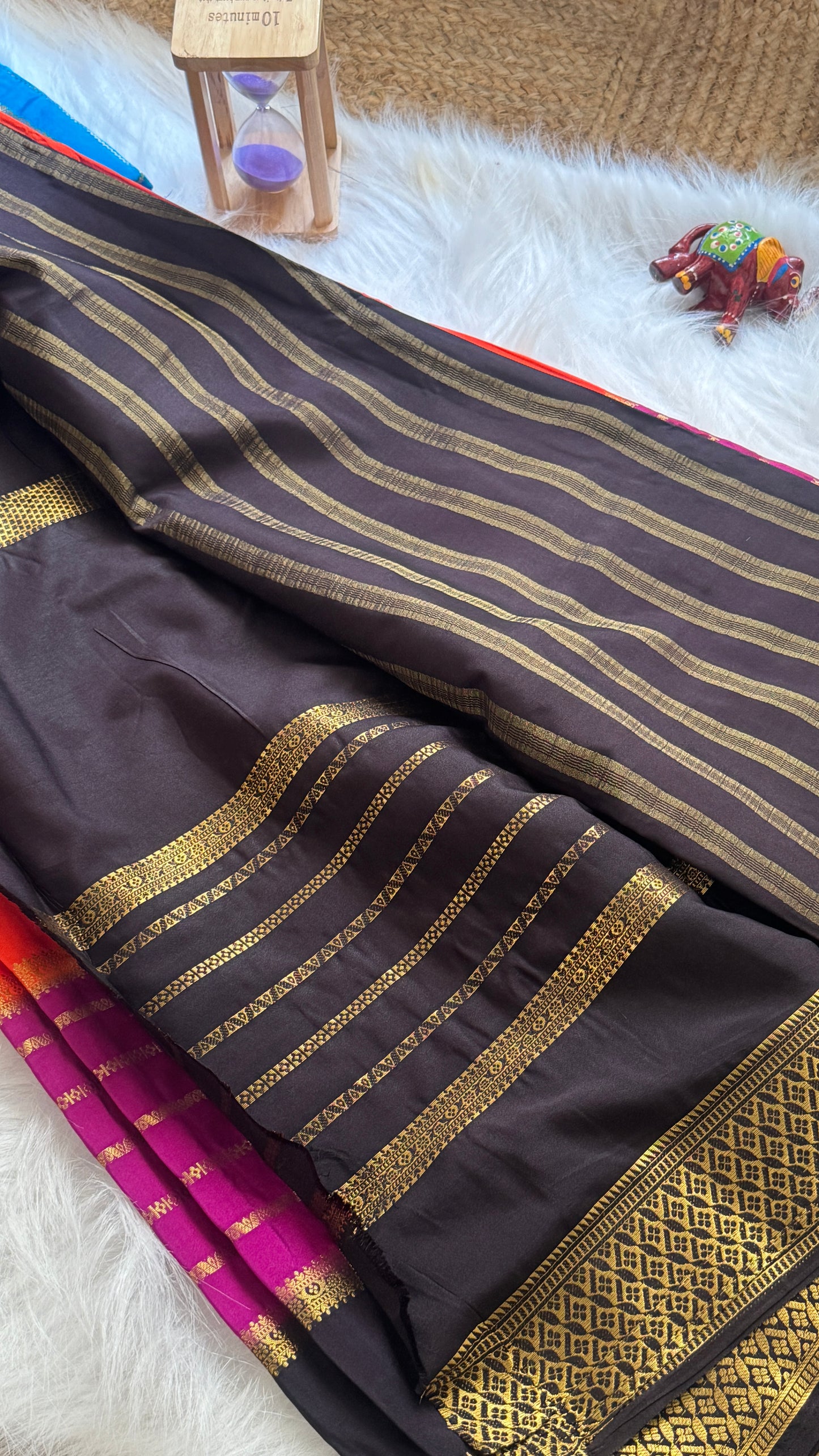Semi  Mysore Silk Saree - 3D Pattern - Black, Purple and Orange