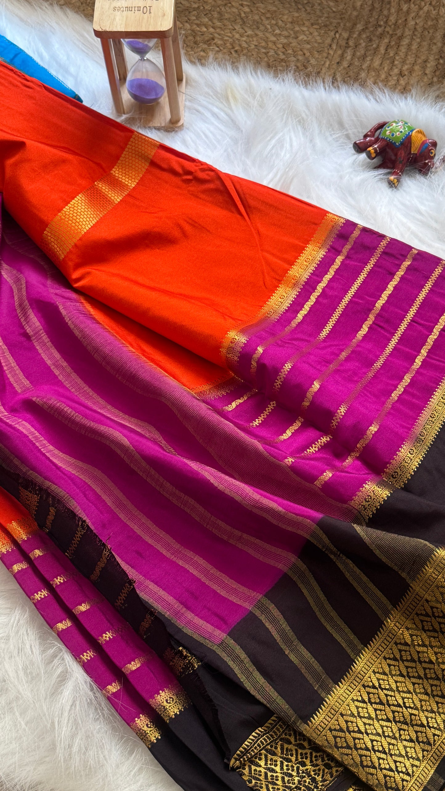 Semi  Mysore Silk Saree - 3D Pattern - Black, Purple and Orange