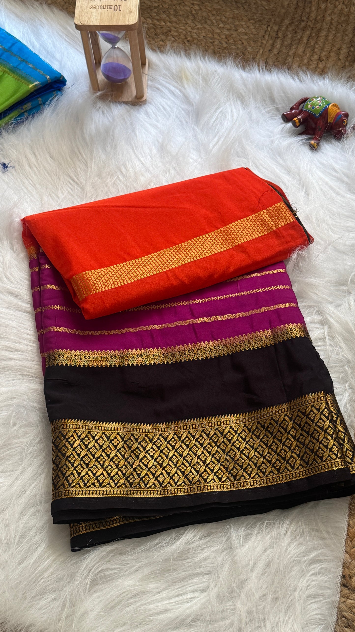 Semi  Mysore Silk Saree - 3D Pattern - Black, Purple and Orange
