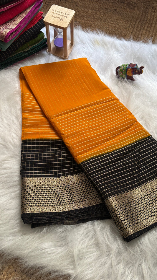 Semi Mysore Silk Saree - Checks and Stripes - Orange and Black