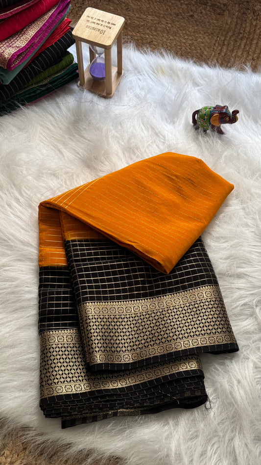 Semi Mysore Silk Saree - Checks and Stripes - Orange and Black