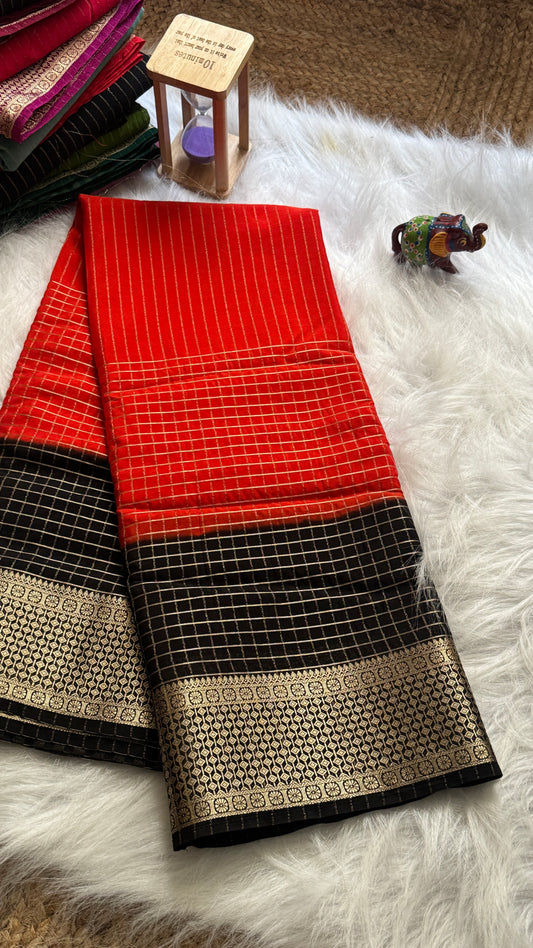 Semi Mysore Silk Saree - Checks and Stripes - Red and Black