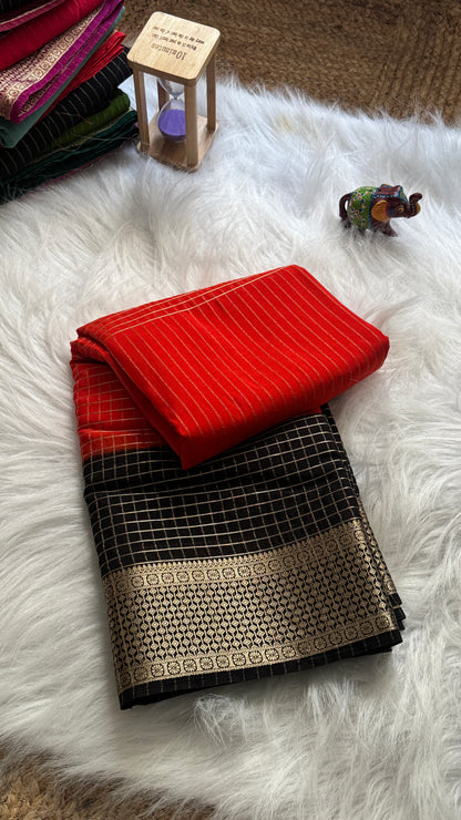Semi Mysore Silk Saree - Checks and Stripes - Red and Black