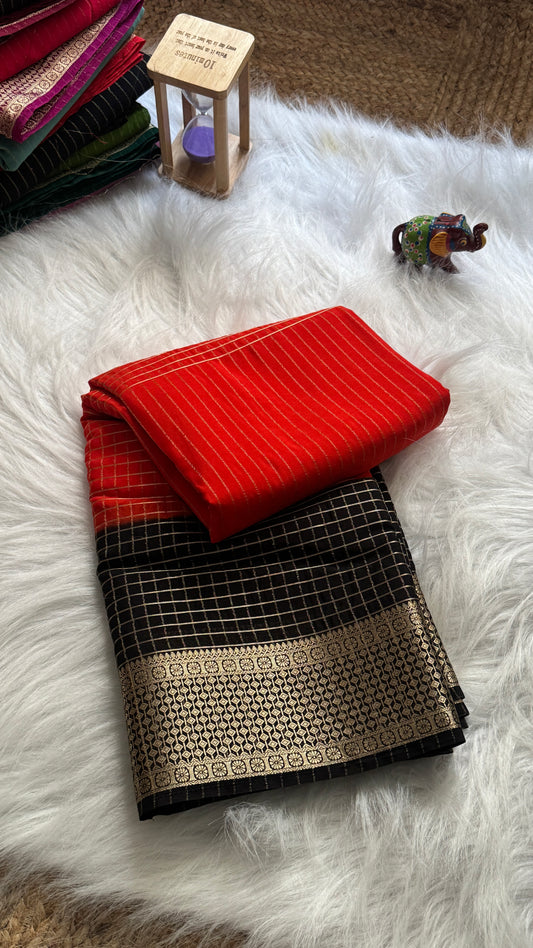 Semi Mysore Silk Saree - Checks and Stripes - Red and Black