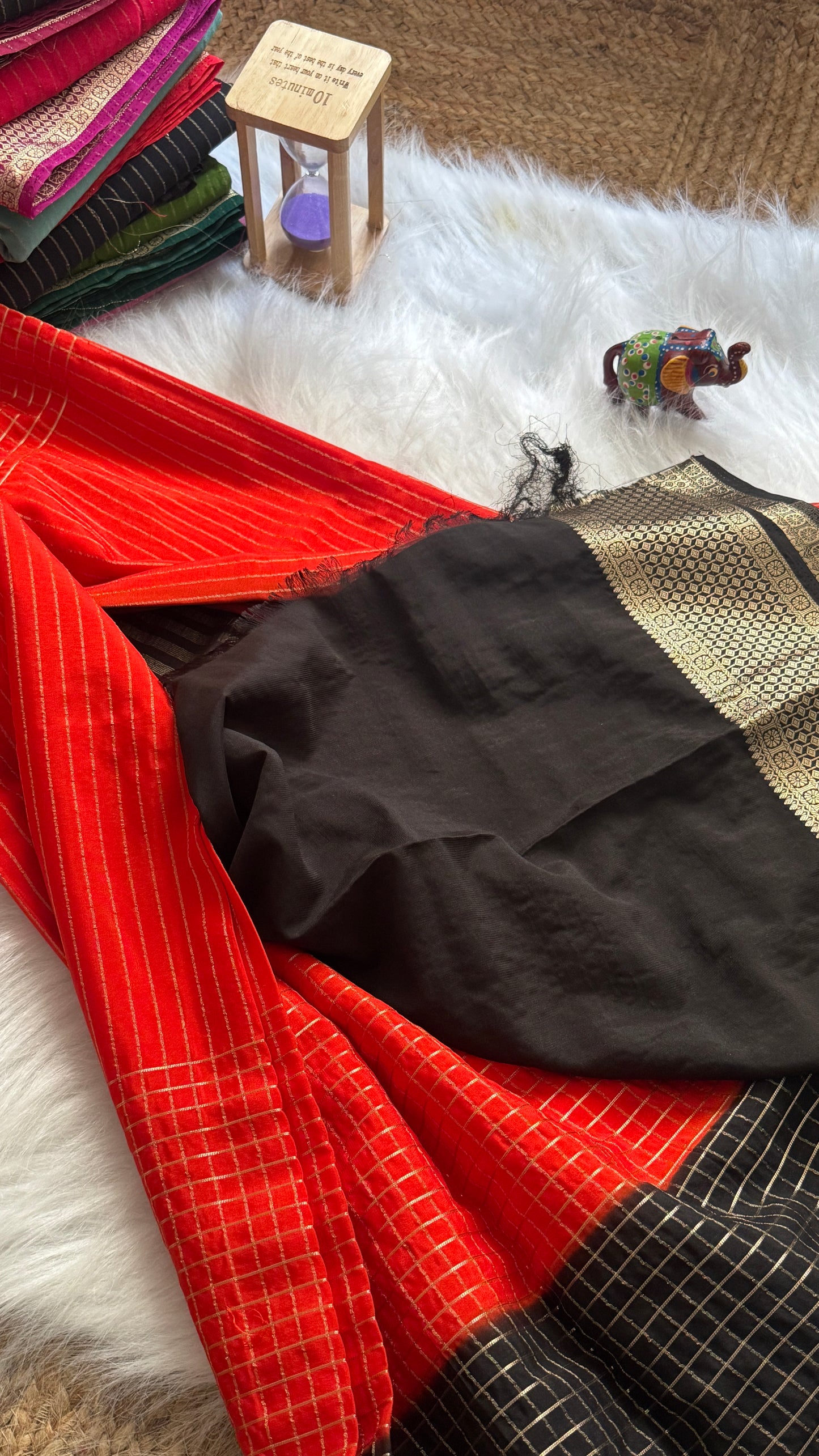 Semi Mysore Silk Saree - Checks and Stripes - Red and Black