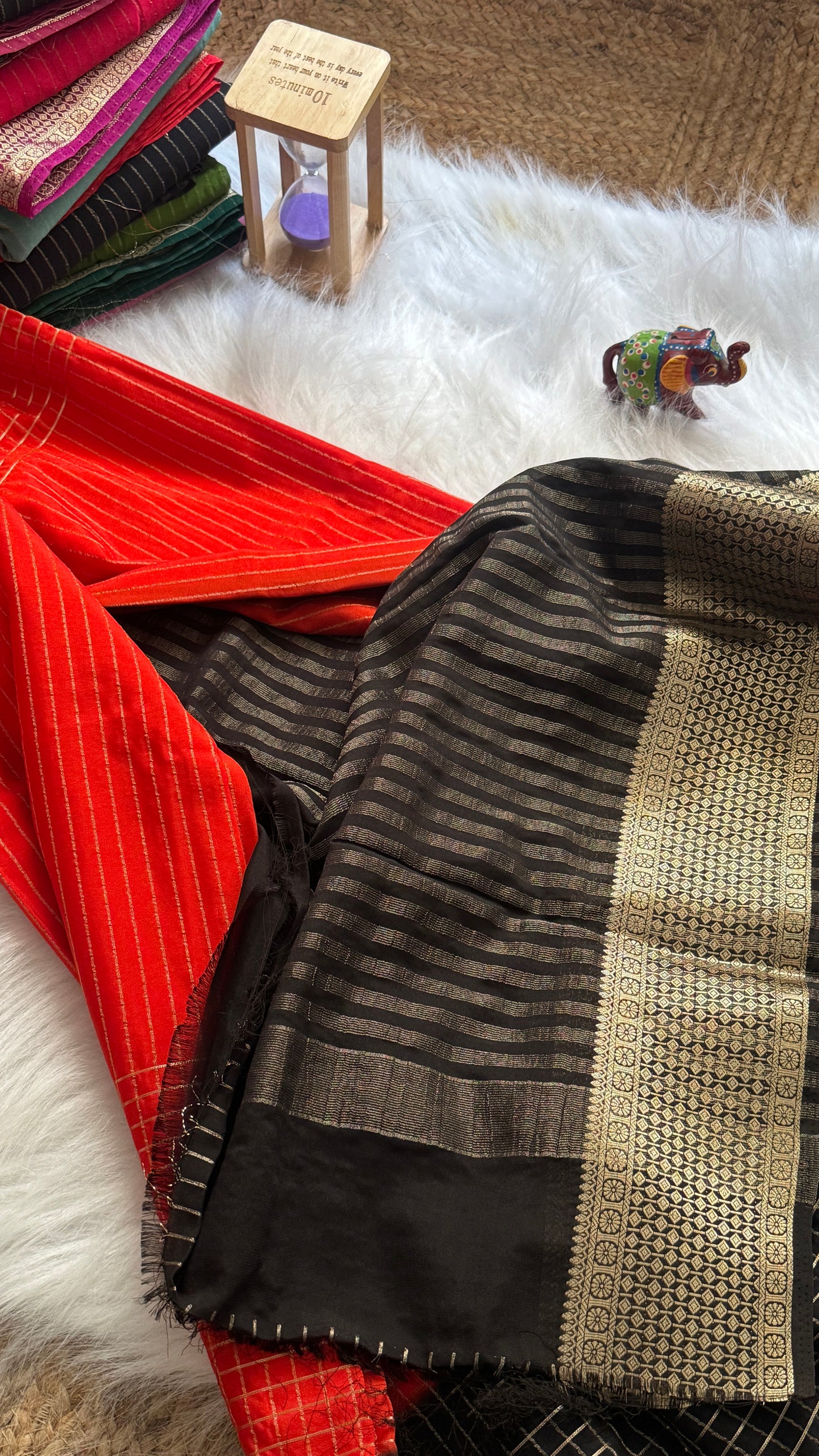 Semi Mysore Silk Saree - Checks and Stripes - Red and Black