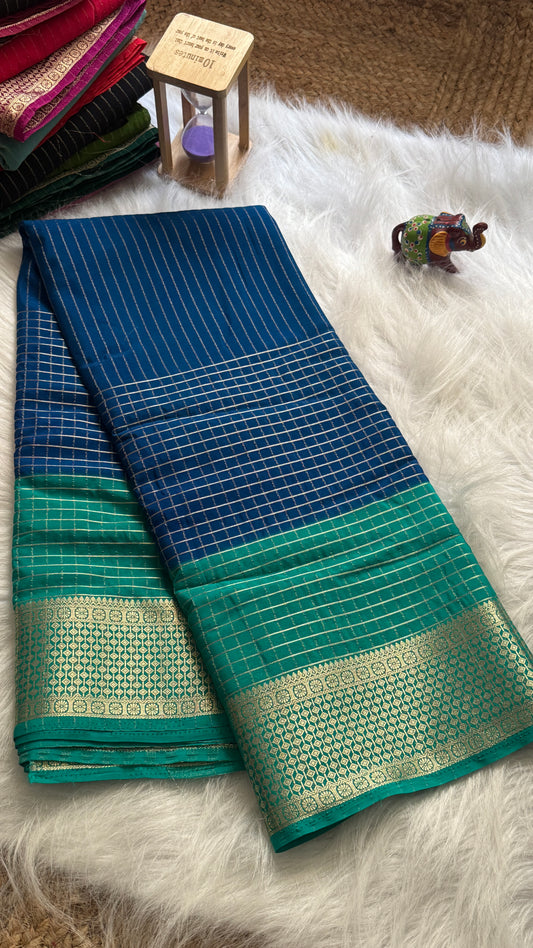 Semi Mysore Silk Saree - Checks and Stripes - Navy Blue and Green