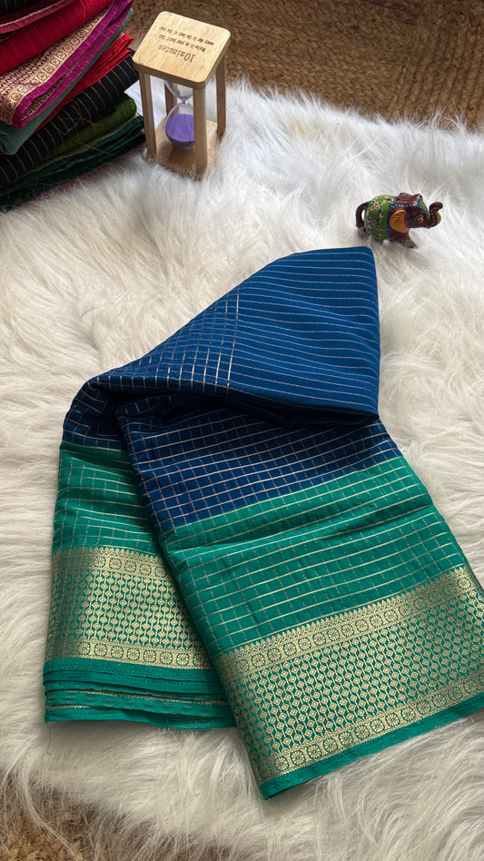 Semi Mysore Silk Saree - Checks and Stripes - Navy Blue and Green