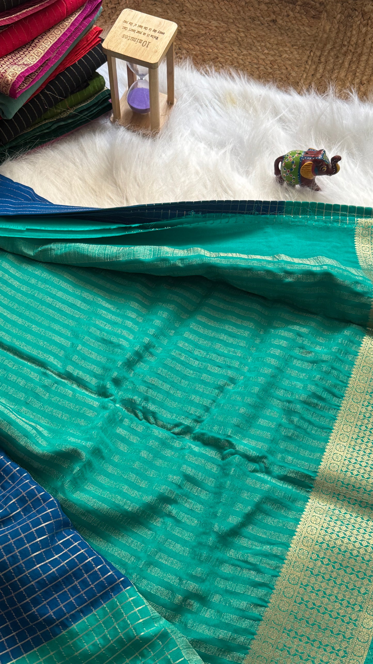 Semi Mysore Silk Saree - Checks and Stripes - Navy Blue and Green