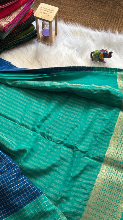 Semi Mysore Silk Saree - Checks and Stripes - Navy Blue and Green