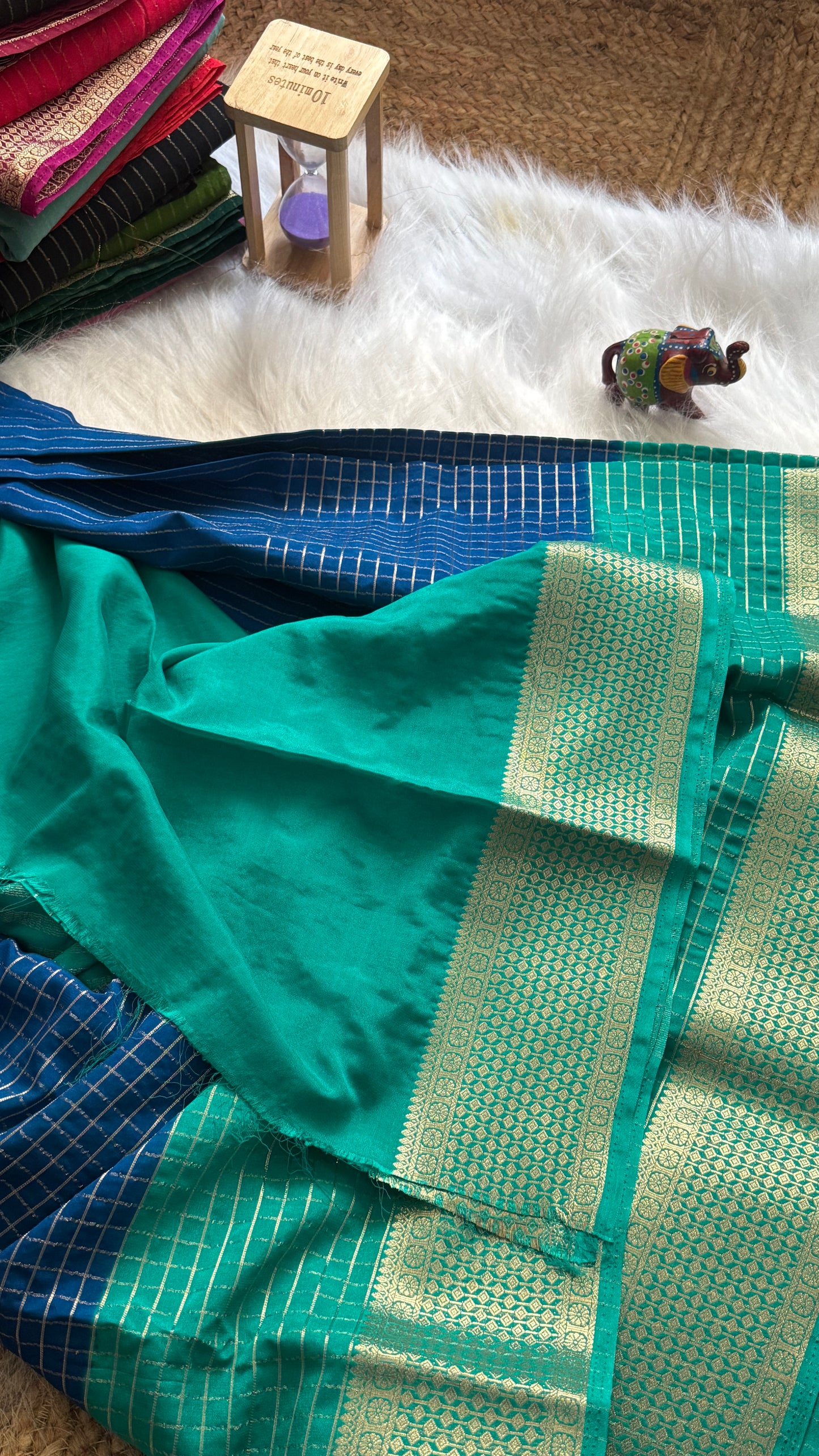 Semi Mysore Silk Saree - Checks and Stripes - Navy Blue and Green