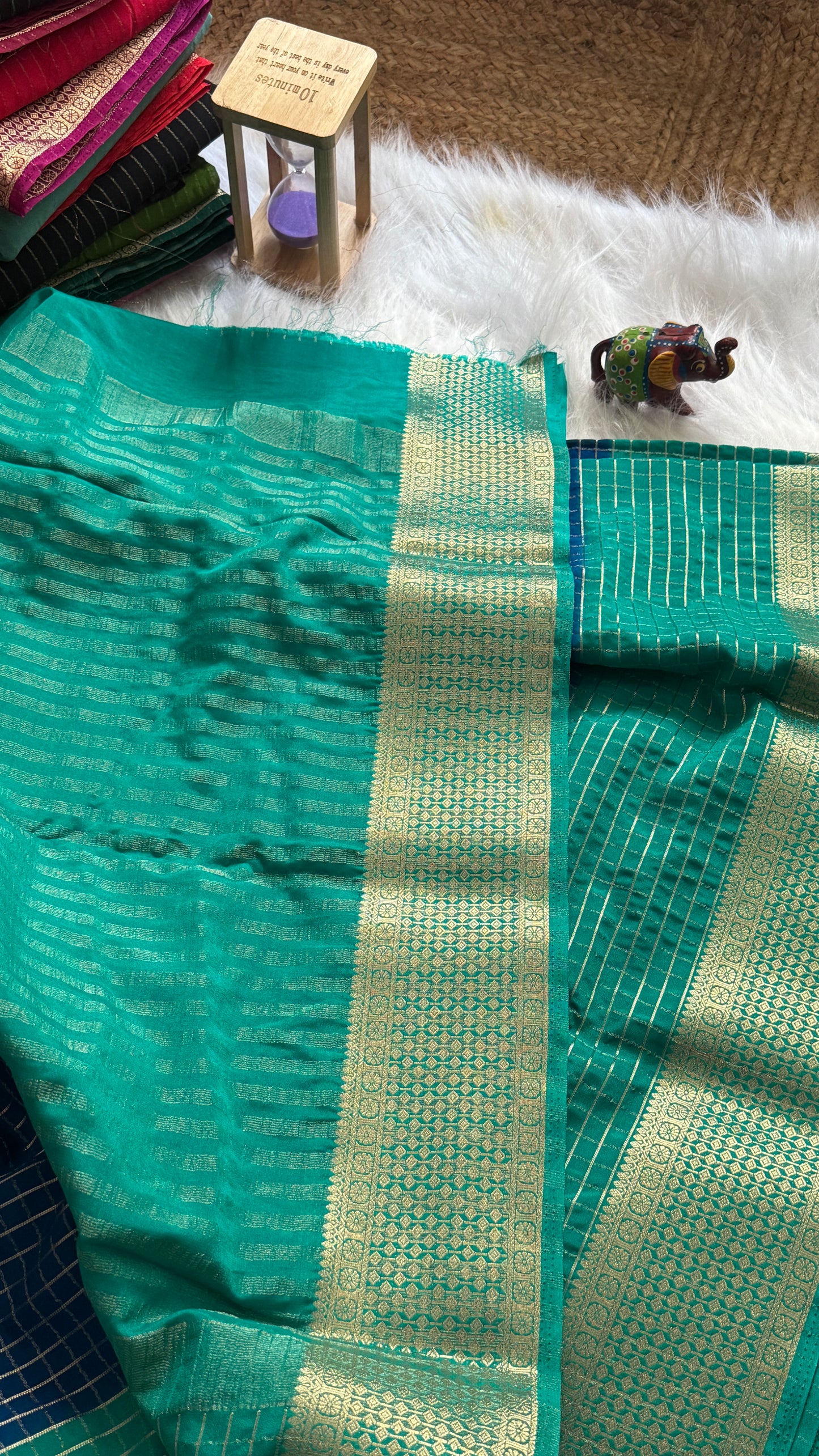 Semi Mysore Silk Saree - Checks and Stripes - Navy Blue and Green