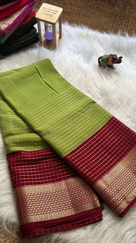 Semi Mysore Silk Saree - Checks and Stripes - Light Green and Maroon