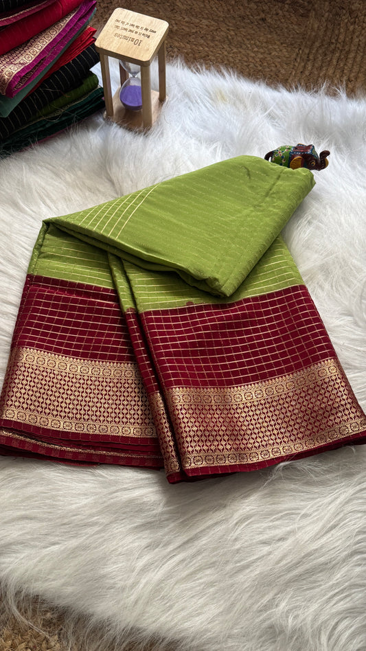 Semi Mysore Silk Saree - Checks and Stripes - Light Green and Maroon