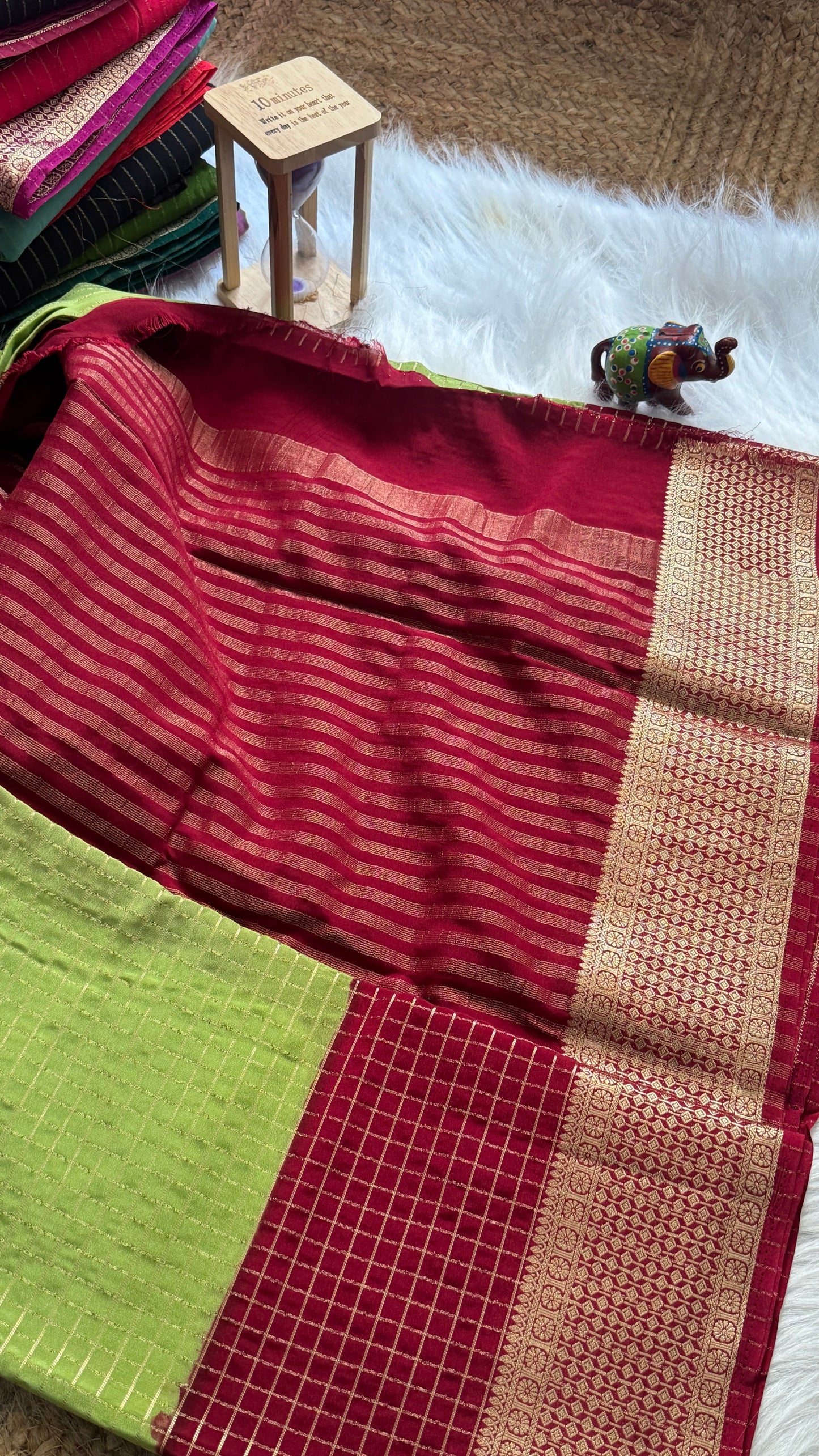 Semi Mysore Silk Saree - Checks and Stripes - Light Green and Maroon