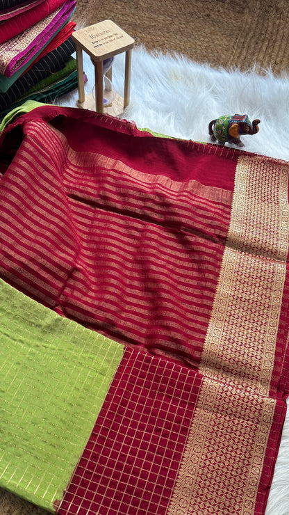 Semi Mysore Silk Saree - Checks and Stripes - Light Green and Maroon