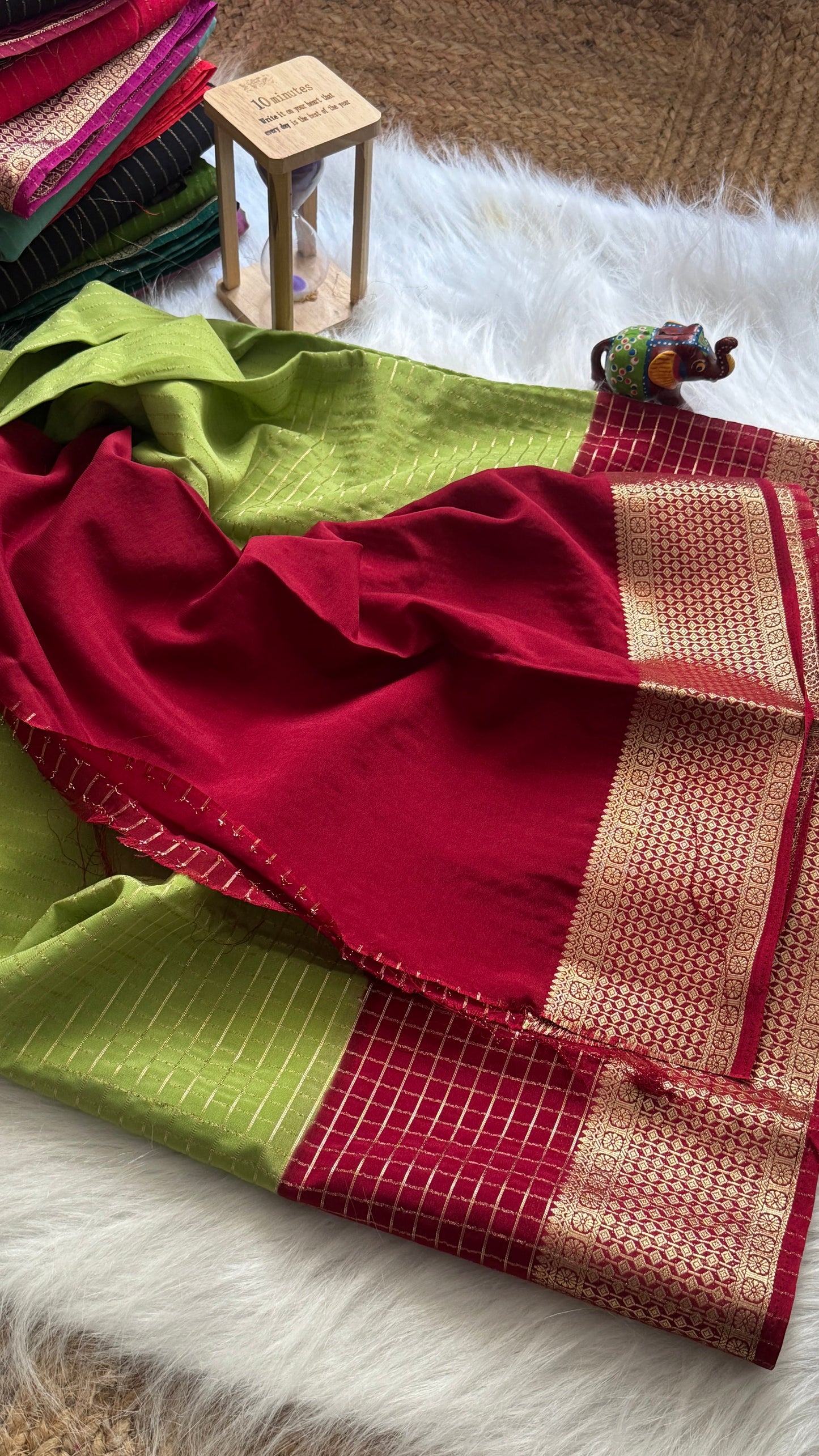 Semi Mysore Silk Saree - Checks and Stripes - Light Green and Maroon