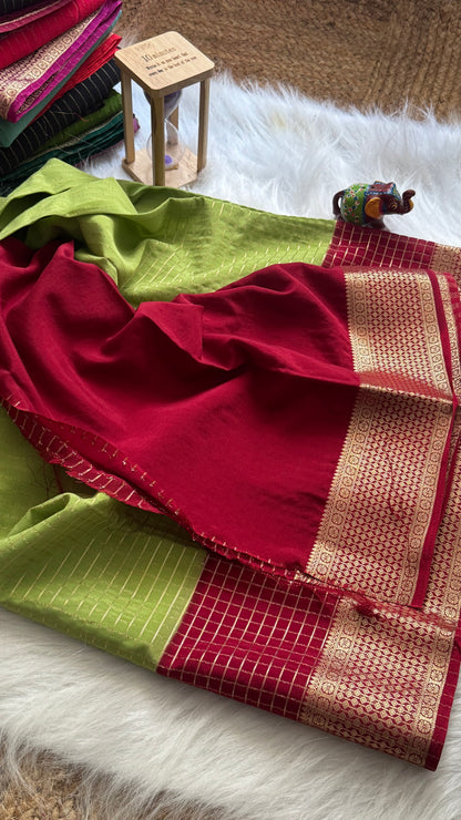 Semi Mysore Silk Saree - Checks and Stripes - Light Green and Maroon