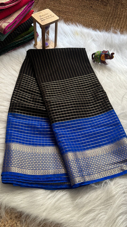 Semi Mysore Silk Saree - Checks and Stripes - Black and Royal Blue