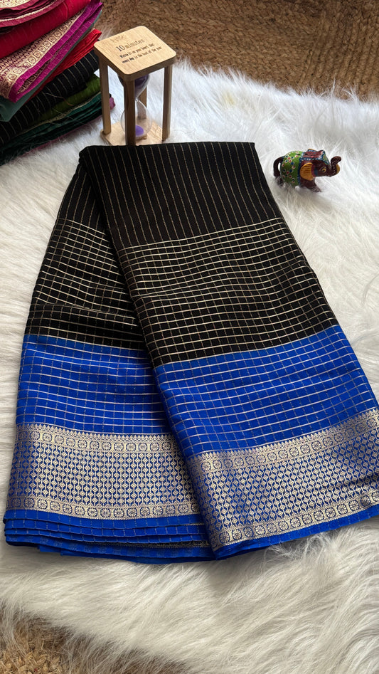 Semi Mysore Silk Saree - Checks and Stripes - Black and Royal Blue