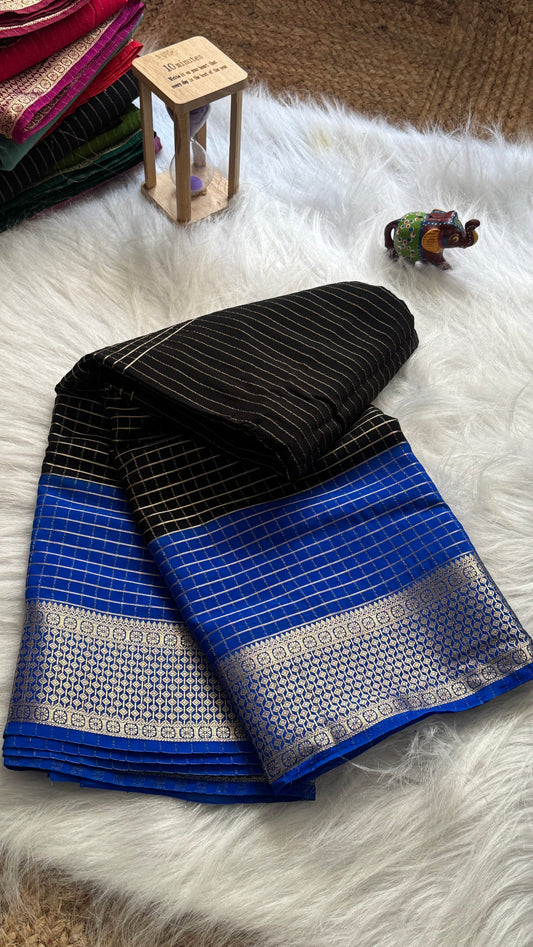 Semi Mysore Silk Saree - Checks and Stripes - Black and Royal Blue