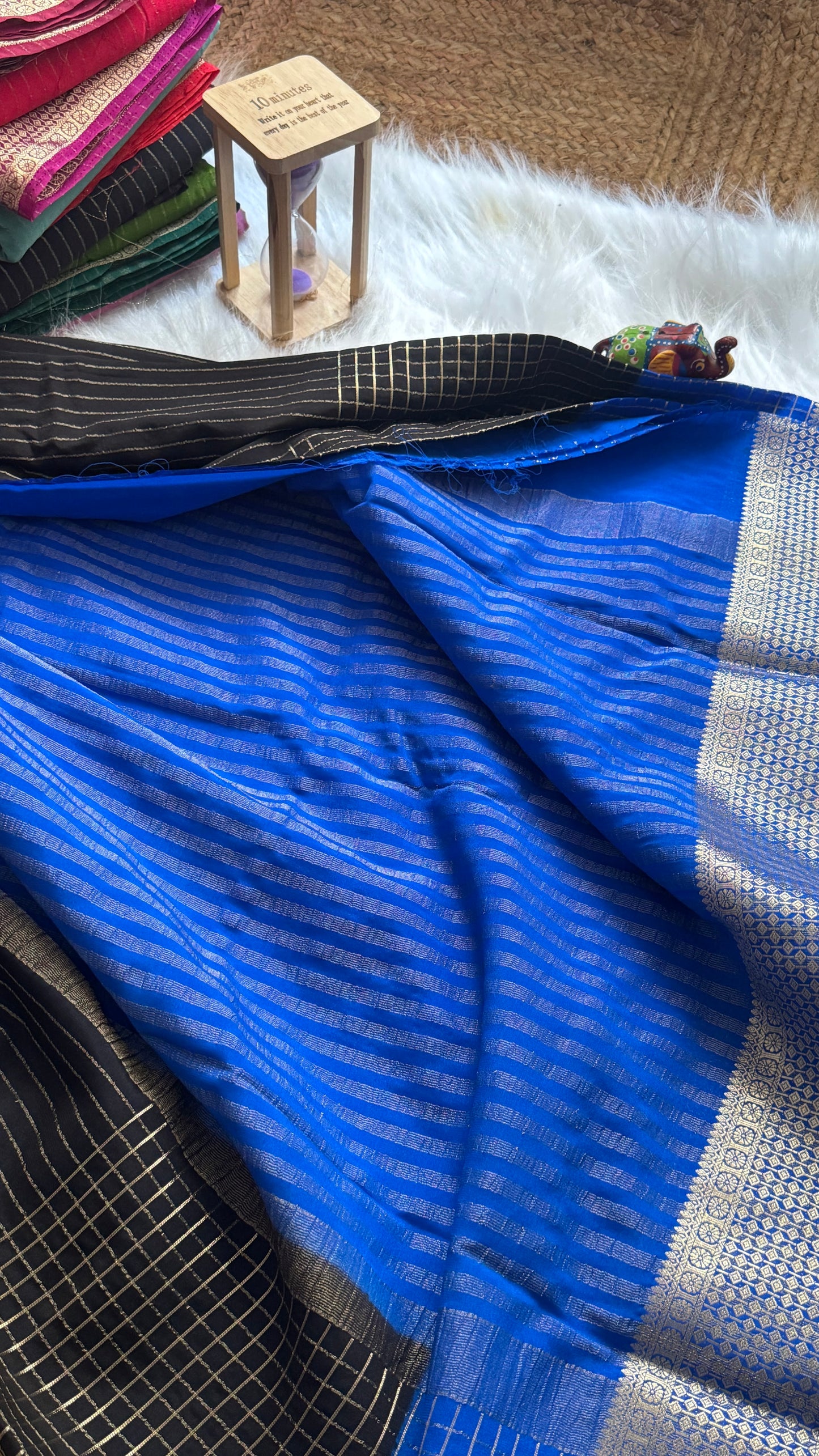 Semi Mysore Silk Saree - Checks and Stripes - Black and Royal Blue