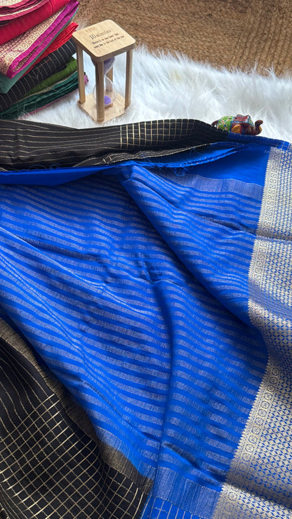 Semi Mysore Silk Saree - Checks and Stripes - Black and Royal Blue