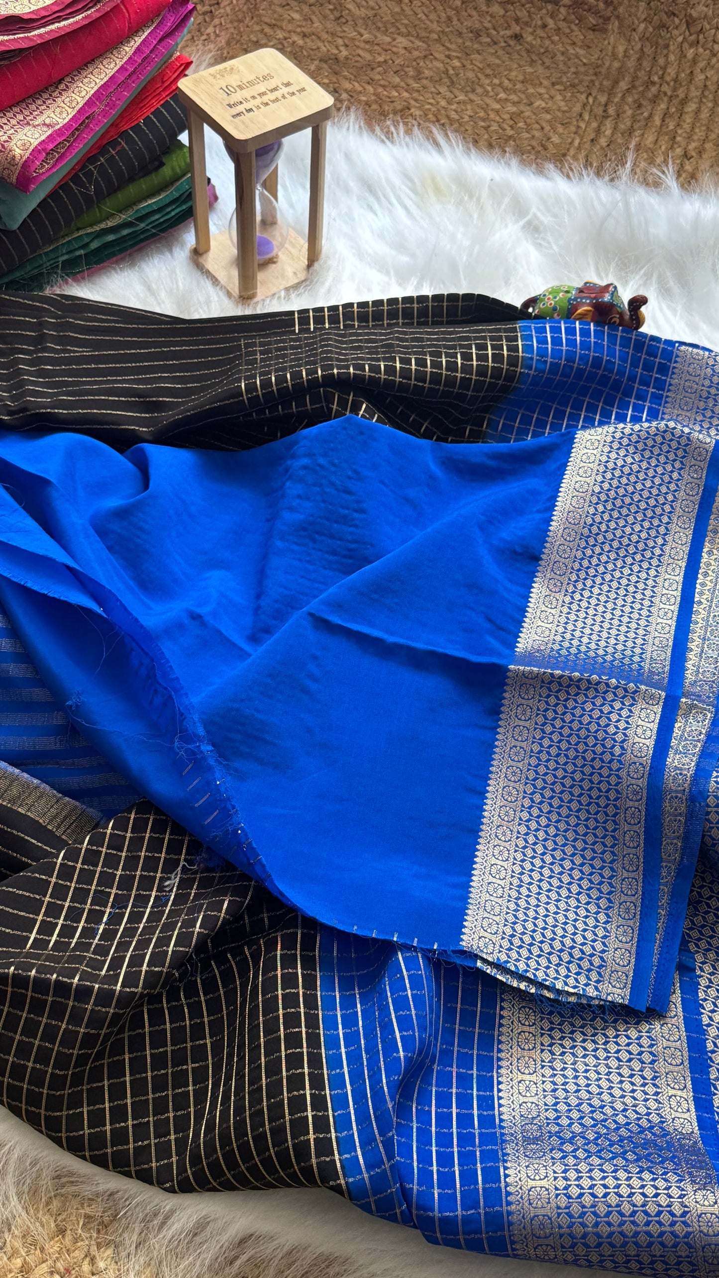 Semi Mysore Silk Saree - Checks and Stripes - Black and Royal Blue