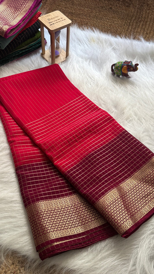 Semi Mysore Silk Saree - Checks and Stripes - Red and Maroon