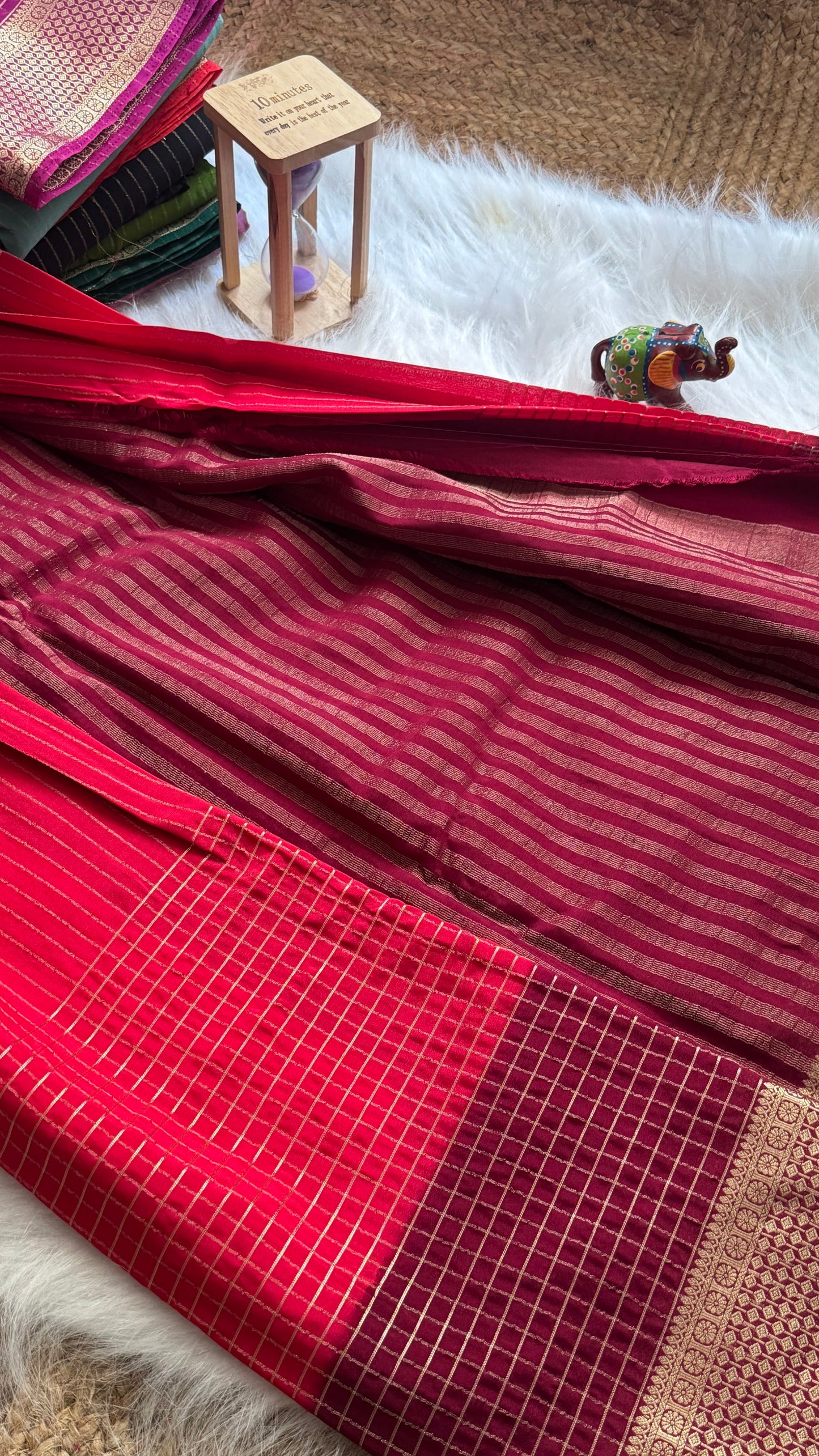 Semi Mysore Silk Saree - Checks and Stripes - Red and Maroon