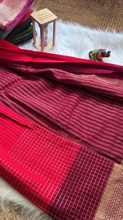 Semi Mysore Silk Saree - Checks and Stripes - Red and Maroon