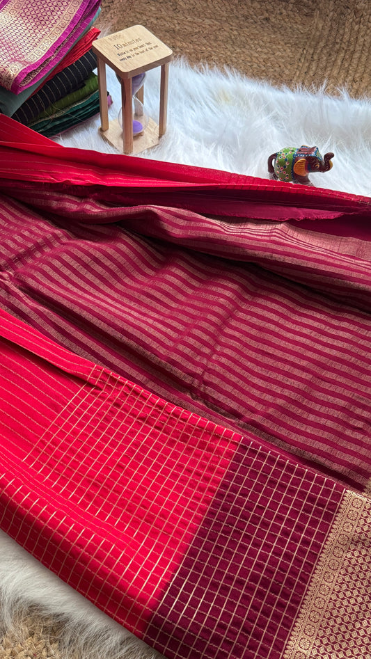 Semi Mysore Silk Saree - Checks and Stripes - Red and Maroon
