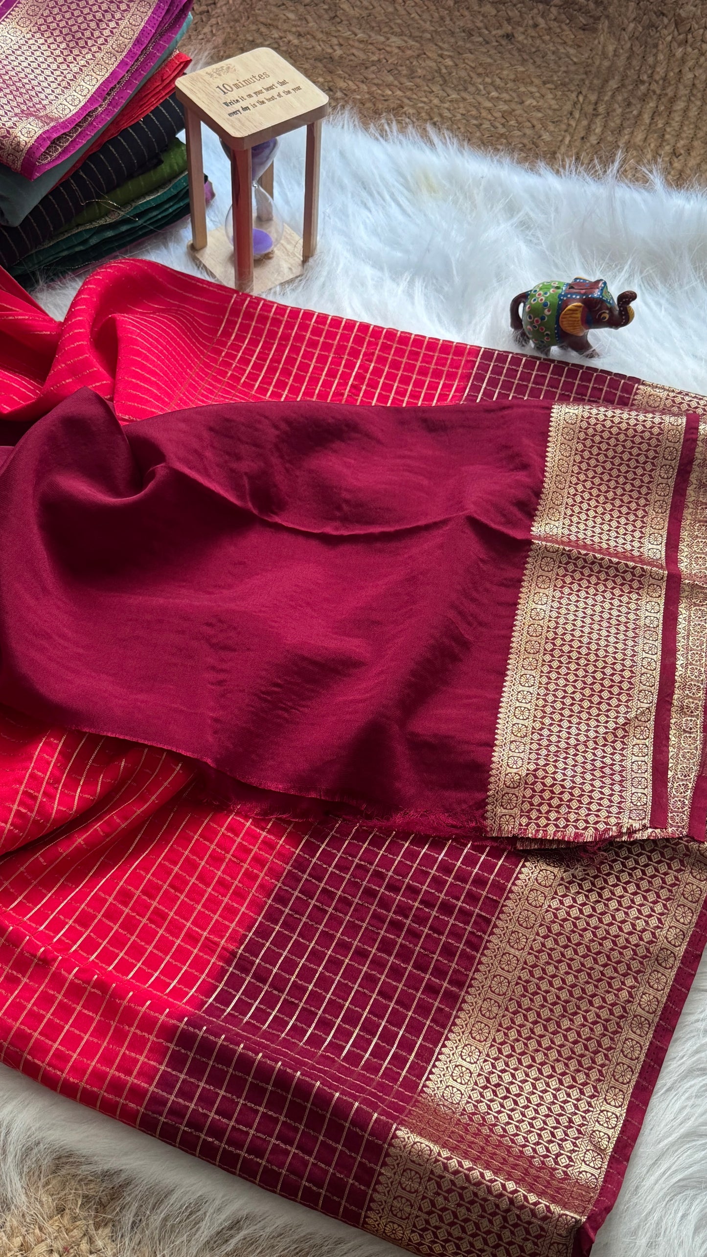 Semi Mysore Silk Saree - Checks and Stripes - Red and Maroon