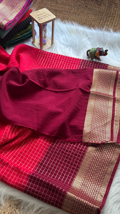 Semi Mysore Silk Saree - Checks and Stripes - Red and Maroon