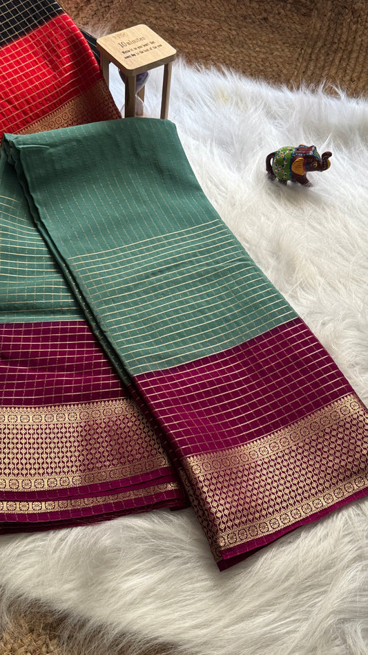 Semi Mysore Silk Saree - Checks and Stripes - Sea Green and Maroon