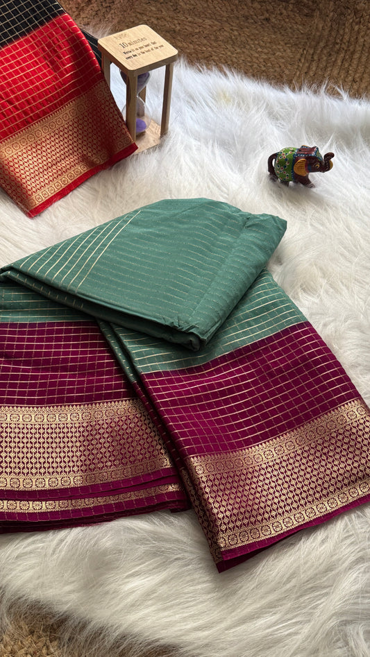 Semi Mysore Silk Saree - Checks and Stripes - Sea Green and Maroon
