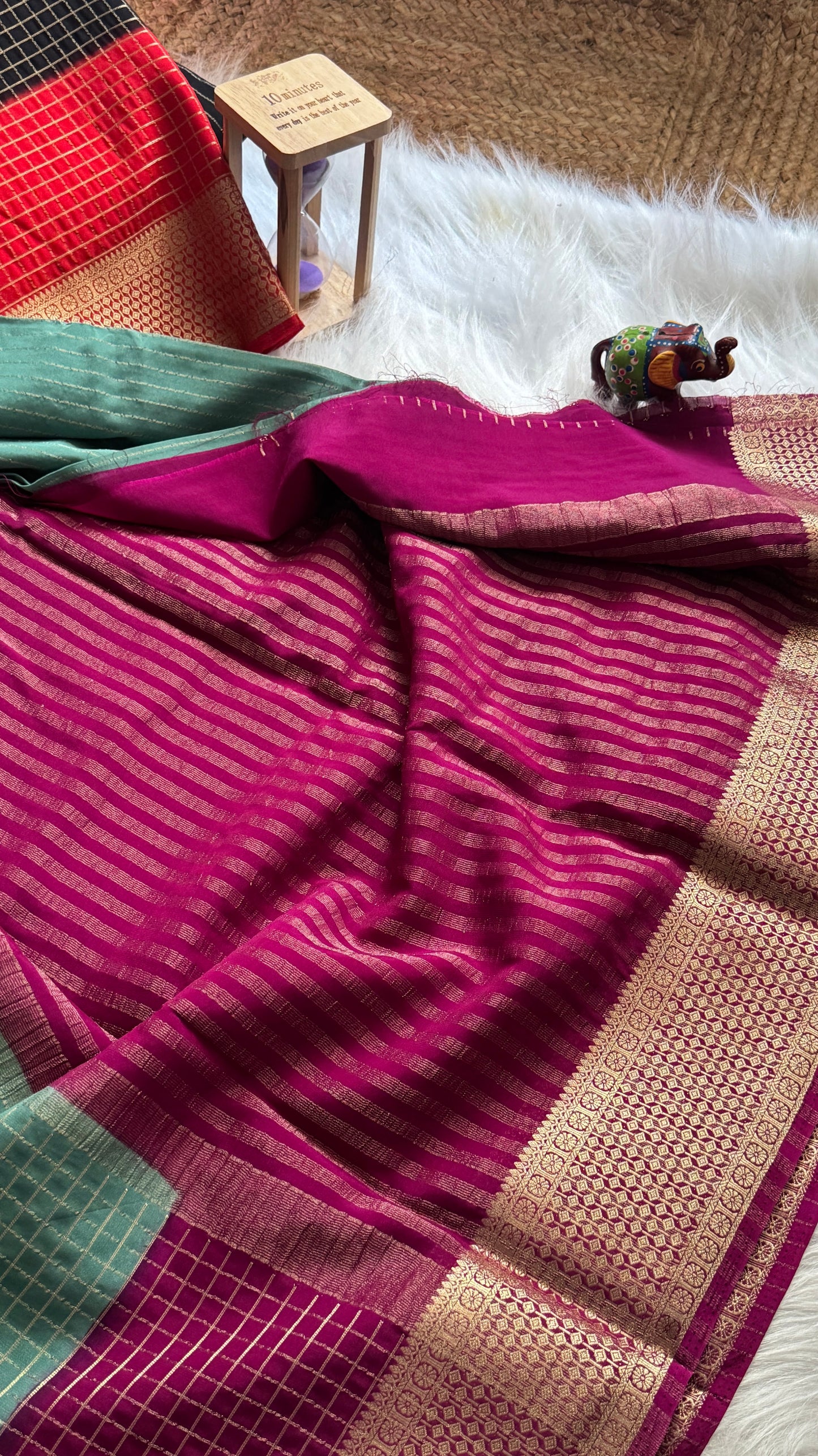 Semi Mysore Silk Saree - Checks and Stripes - Sea Green and Maroon